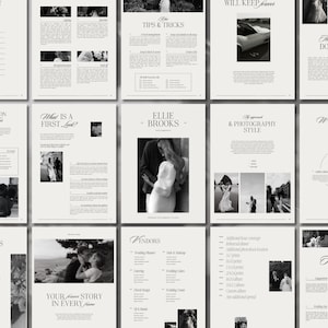 May include: A black and white wedding photography guide with a table of contents, tips and tricks, a work process, and vendor information.