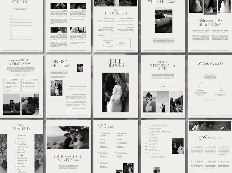 May include: A black and white wedding photography guide with a table of contents, tips and tricks, a work process, and vendor information.