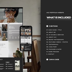 May include: A website mockup for a UGC creator portfolio. The website features a black and white color scheme with a minimalist design. The website includes sections for the creator's about page, services, brand partnerships, featured videos, testimonials, case studies, packages and rates, work process, and contact information. The website also includes a Canva guide.