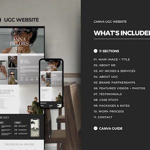 May include: A website mockup for a social media influencer, featuring a black and white design with a photo of the influencer and text that says "Anna Delors" and "My Niches & Services". The website also includes sections for "About Me", "About UGC", "Brand Partnerships", "Featured Videos + Photos", "Testimonials", "Case Study", "Packages & Rates", "Work Process", and "Contact".