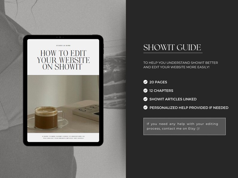 K&ouml;nnte beinhalten: Ein Tablet-Computer zeigt eine Anleitung, wie man eine Website mit der Showit-Plattform bearbeitet. Der Leitfaden umfasst 20 Seiten, 12 Kapitel, Links zu Showit-Artikeln und personalisierte Hilfe. Das Bild zeigt auch eine Tasse Kaffee und ein Buch.