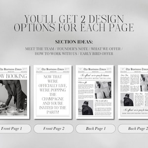 May include: A promotional graphic with the text "YOU'LL GET 2 DESIGN OPTIONS FOR EACH PAGE". It showcases four mock newspaper pages with headlines like "NOW BOOKING" and "NOW THAT WE'RE OFFICIALLY LIVE". The pages are labeled "Front Page 1", "Front Page 2", "Back Page 1", and "Back Page 2".