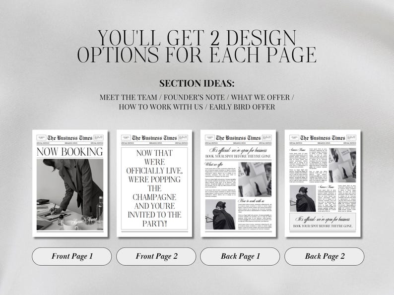 May include: A promotional graphic with the text "YOU'LL GET 2 DESIGN OPTIONS FOR EACH PAGE". It showcases four mock newspaper pages with headlines like "NOW BOOKING" and "NOW THAT WE'RE OFFICIALLY LIVE". The pages are labeled "Front Page 1", "Front Page 2", "Back Page 1", and "Back Page 2".