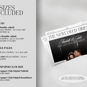 Pu&ograve; includere: Una grafica di testo con il titolo "The Newlywed Times" e il testo "Anabelle & Jake Are Getting Married" in stile giornale in bianco e nero. La grafica include una foto di una coppia. Il testo sotto la grafica dice "Our Wedding Party". Il testo in fondo alla grafica dice "If you need any other size please let us know!" La grafica elenca sei diverse dimensioni per il design, tra cui A3, 17x11, A4, US Letter, Newspaper Club Digital Tabloid e Newspaper Club Digital Broadsheet.