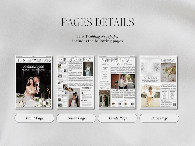 Pu&ograve; includere: Un modello di giornale di nozze con quattro pagine. La prima pagina ha un titolo che recita "The Newlywed Times" e una foto di una coppia. Le pagine interne hanno testo e foto. L'ultima pagina ha un cruciverba e una foto di un dettaglio del matrimonio.