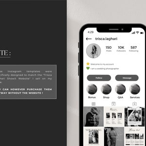 Instagram Social Media Bundle, Wedding Photographer and Small Business, Black White Photography Elegant Templates, Aesthetic Posts & Stories image 7