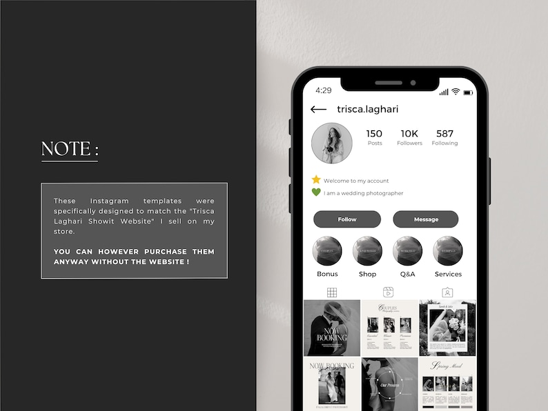 Instagram Social Media Bundle, Wedding Photographer and Small Business, Black White Photography Elegant Templates, Aesthetic Posts & Stories image 7