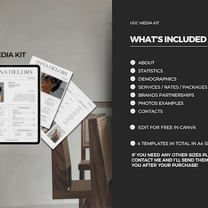 May include: A black and white media kit template with the text "Anna Delors" and "Media Kit" in a modern font. The kit includes information about the creator, statistics, demographics, services, rates, packages, brand partnerships, photo examples, and contacts. The template is editable in Canva and includes four templates in total in A4 size.