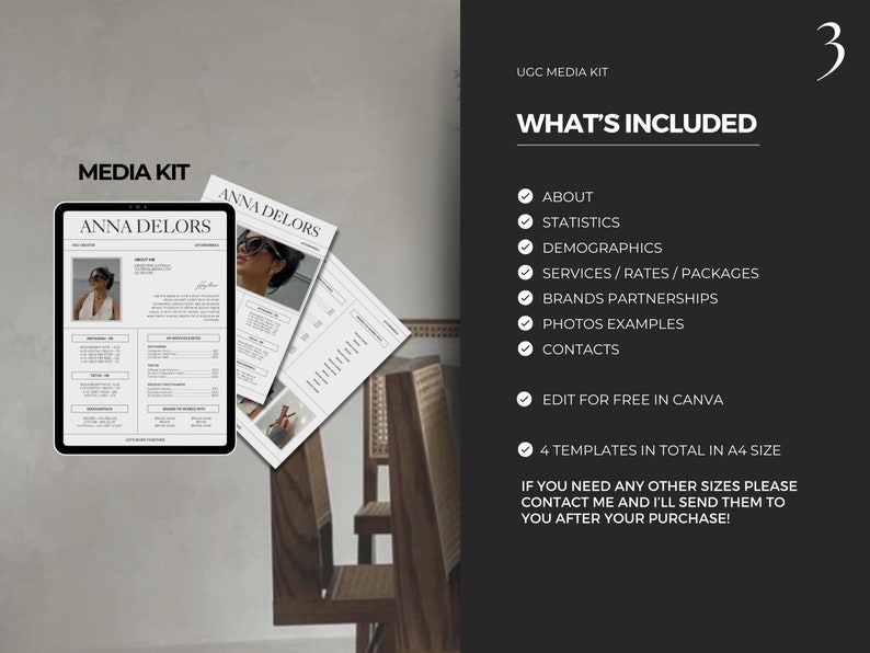 May include: A black and white media kit template with the text "Anna Delors" and "Media Kit" in a modern font. The kit includes information about the creator, statistics, demographics, services, rates, packages, brand partnerships, photo examples, and contacts. The template is editable in Canva and includes four templates in total in A4 size.