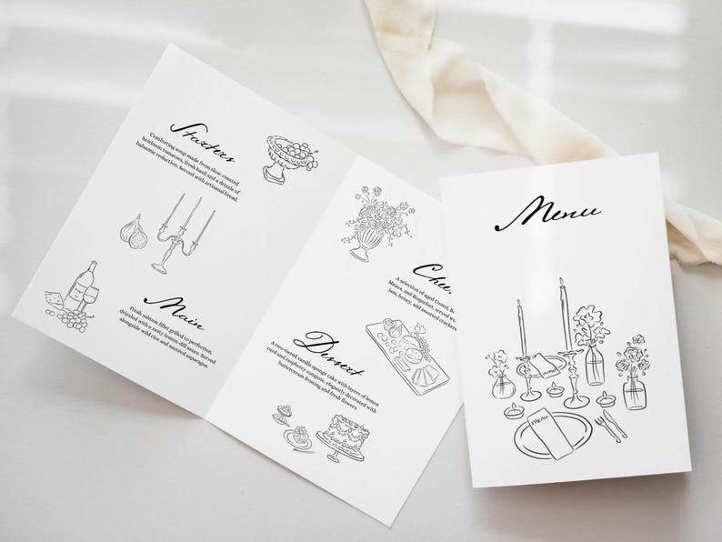 May include: A black and white wedding menu with the words "Menu", "Starters", "Main", "Dessert", and "Cheese" written in cursive. The menu includes a list of food items and illustrations of a bowl of fruit, a bouquet of flowers, a cheese board, a cake, and a table setting with candles and flowers.