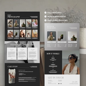May include: A website mockup for a photographer specializing in user-generated content (UGC) photography. The website features a black and white color scheme with a modern design. The website includes sections for testimonials, case studies, rates and packages, and how it works. The website also includes a contact form and a call to action to "Let's work together."