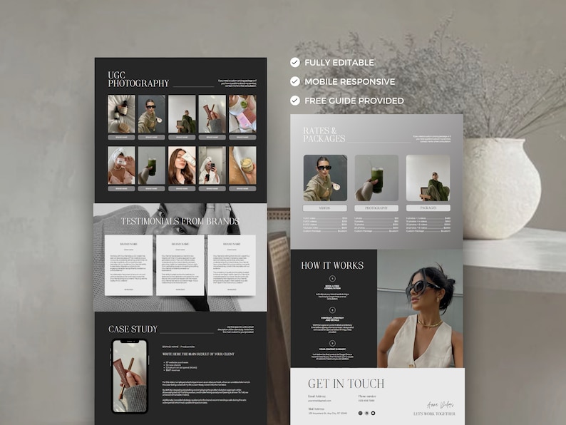 May include: A website mockup for a photographer specializing in user-generated content (UGC) photography. The website features a black and white color scheme with a modern design. The website includes sections for testimonials, case studies, rates and packages, and how it works. The website also includes a contact form and a call to action to "Let's work together."
