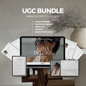 May include: A digital marketing bundle for social media creators, featuring a laptop, tablet, and printed documents. The bundle includes Canva website templates, a portfolio ebook, media kit, invoice, and bonus templates. The text "Anna Delors" is featured on the laptop, tablet, and printed documents.