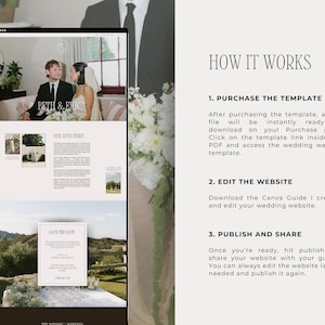 May include: A wedding website template displayed on a tablet. The website features photos of a couple, a "Save the Date" card, and sections titled "Our Love Story." Instructions on how to use the template are also included.