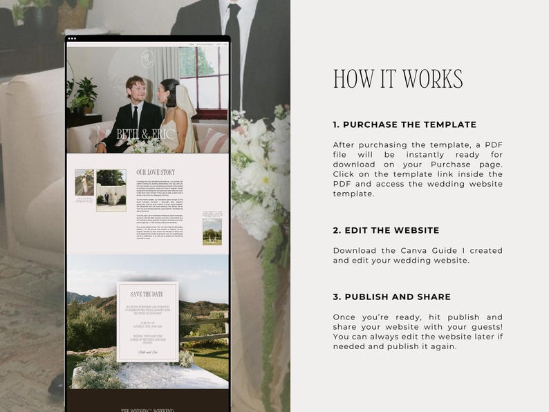 May include: A wedding website template displayed on a tablet. The website features photos of a couple, a "Save the Date" card, and sections titled "Our Love Story." Instructions on how to use the template are also included.