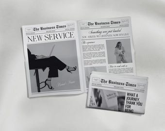 Sjabloon zakelijke Canva-krant, sjabloon voor 2 pagina's kranten, zakelijke aankondigingskrant voor branding fotoshoot, grote krant