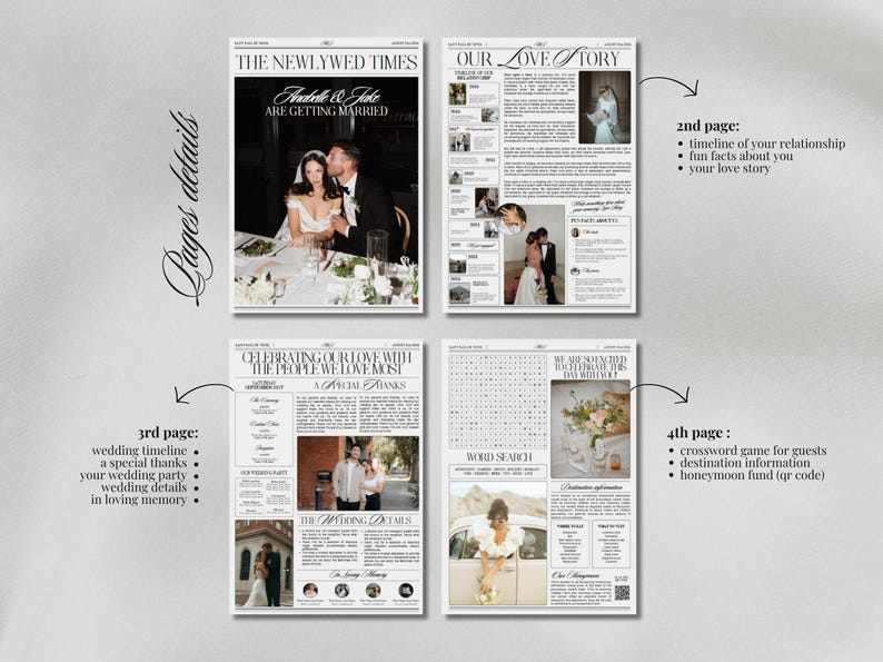 Pu&ograve; includere: Un modello di giornale di annuncio di matrimonio con un design in bianco e nero. La prima pagina presenta una foto di una coppia e il testo "The Newlywed Times" e "Fordele & Jake Are Getting Married". La seconda pagina include una cronologia della relazione della coppia, curiosit&agrave; su di loro e la loro storia d'amore. La terza pagina presenta un calendario di nozze, un ringraziamento speciale, dettagli del matrimonio e una sezione per il ricordo. La quarta pagina presenta un cruciverba, informazioni sulla destinazione e un codice QR per il fondo di luna di miele.