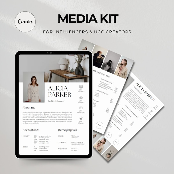 1 or 2 Page Elegant Media Kit, Rate Sheet Card for Fashion influencer blogger editable in canva for Tiktok, Instagram, Facebook, youtube