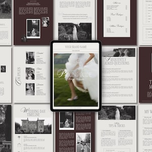 May include: A digital tablet displaying a "Pricing Guide" for wedding photography, surrounded by pages with text and photos. The tablet shows a bride running in a white dress. Other pages include "Couples", "Wedding Day Timeline", and "Timeless Memories".