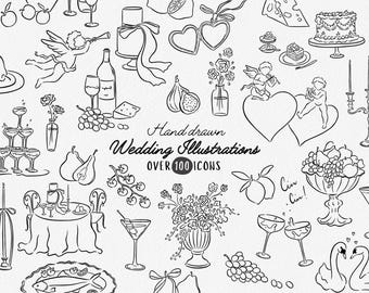 Ilustraciones de boda dibujadas a mano, paquete de iconos de línea de tiempo de boda, iconos de boda SVG, garabatos de boda dibujados a mano