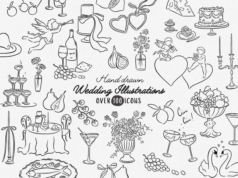 May include: Black and white hand-drawn illustrations of wedding icons. The illustrations include a cake, flowers, hearts, doves, pears, grapes, lemons, a champagne glass, a fish, and more. The text "Hand drawn Wedding Illustrations Over 100 Icons" is included in the image.