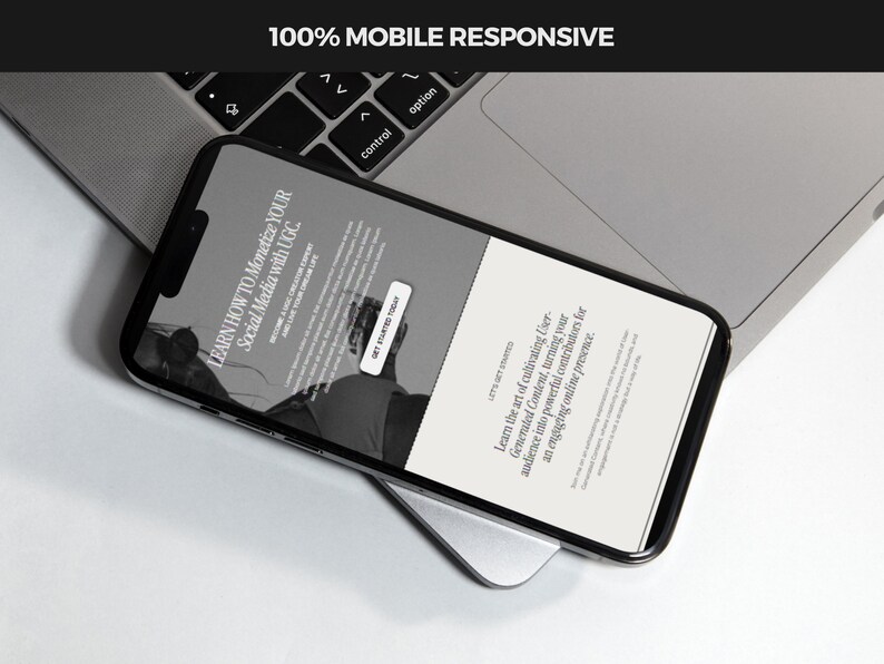K&ouml;nnte beinhalten: Ein Schwarzwei&szlig;-Mockup eines Mobiltelefons, das eine Website mit dem Text "LEARN HOW TO Monetize YOUR Social Media with UGC." und einen Button mit der Aufschrift "Get Started Today" anzeigt. Das Telefon liegt auf einem silbernen Laptop.