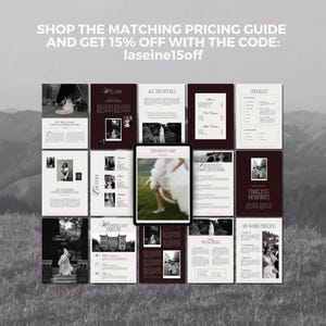 May include: A collection of wedding planning guides and checklists in a grayscale palette. The guides feature photos and text, with a central tablet displaying a bride. The text includes "Welcome," "All the Details," and "Checklist."