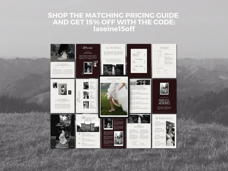May include: A collection of wedding planning guides and checklists in a grayscale palette. The guides feature photos and text, with a central tablet displaying a bride. The text includes "Welcome," "All the Details," and "Checklist."