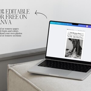 May include: A laptop displaying a black and white newspaper-style graphic with the text "NOW BOOKING." The screen also shows the text "100% EDITABLE FOR FREE ON CANVA" with bullet points listing editing options. The laptop is on a light-colored surface.
