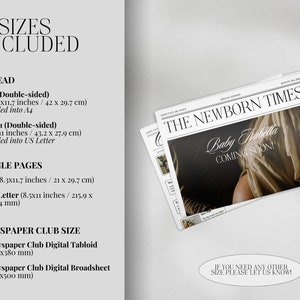 May include: A digital newspaper template design with the text "The Newborn Times" and "Baby Trabella Coming Soon!" in a white font on a black background. The template is available in six sizes, including A3, 17x11, A4, US Letter, Newspaper Club Digital Tabloid, and Newspaper Club Digital Broadsheet.
