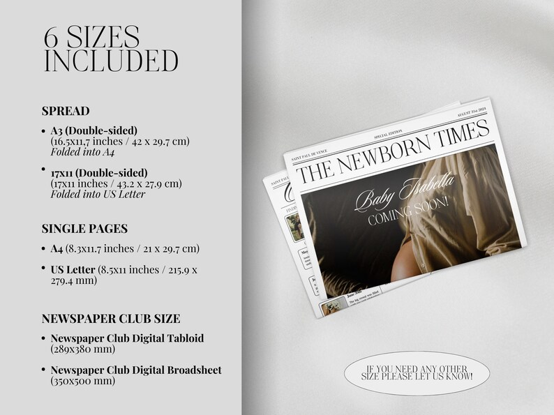May include: A digital newspaper template design with the text "The Newborn Times" and "Baby Trabella Coming Soon!" in a white font on a black background. The template is available in six sizes, including A3, 17x11, A4, US Letter, Newspaper Club Digital Tabloid, and Newspaper Club Digital Broadsheet.