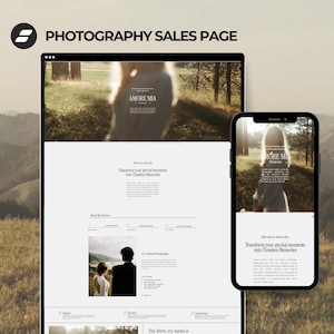 May include: A website screenshot for a photography business called Amore Mia. The website features a photo of a couple in a forest setting, with text that says "Transform your special moments into Timeless Memories".