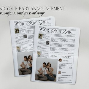 May include: A mock newspaper announcement for a baby girl. The headline reads "Our Baby Girl". The announcement includes a photo of a family with two children. The text includes the names "Arthur" and "Emma".