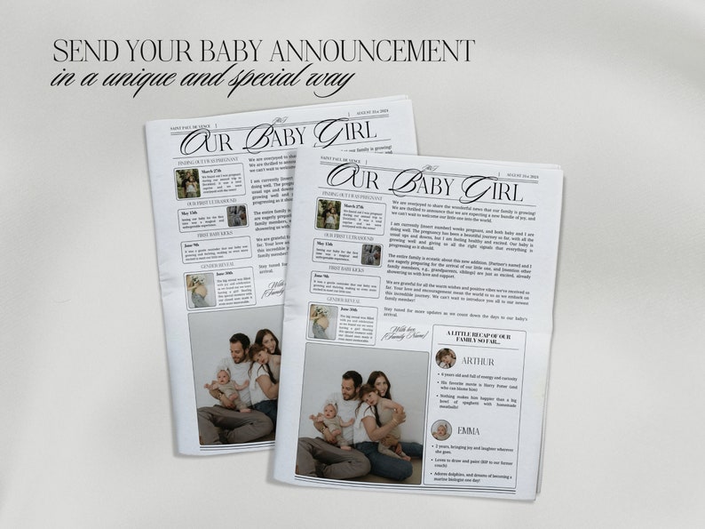 May include: A mock newspaper announcement for a baby girl. The headline reads "Our Baby Girl". The announcement includes a photo of a family with two children. The text includes the names "Arthur" and "Emma".