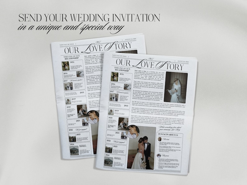 Pu&ograve; includere: Un finto giornale con il titolo "La nostra storia d'amore" e una cronologia della relazione di una coppia con foto. Il design del giornale &egrave; un modo unico per inviare un invito di nozze.
