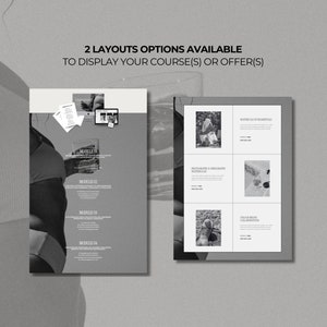K&ouml;nnte beinhalten: Zwei verschiedene Layouts zum Anzeigen von Online-Kursen oder Angeboten. Das erste Layout zeigt eine Frau, die ein Glas Wasser h&auml;lt, mit Text, der "MODULE 01" und "MODULE 02" lautet. Das zweite Layout zeigt ein Raster mit sechs Bildern mit Text, der "MASTER THE BASICS" und "UNLOCK YOUR CREATIVE POTENTIAL" lautet.