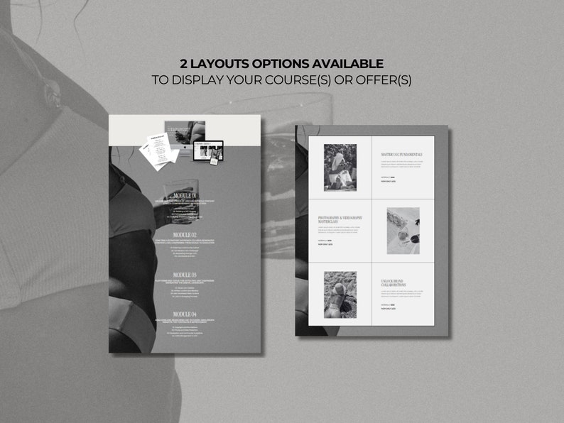 K&ouml;nnte beinhalten: Zwei verschiedene Layouts zum Anzeigen von Online-Kursen oder Angeboten. Das erste Layout zeigt eine Frau, die ein Glas Wasser h&auml;lt, mit Text, der "MODULE 01" und "MODULE 02" lautet. Das zweite Layout zeigt ein Raster mit sechs Bildern mit Text, der "MASTER THE BASICS" und "UNLOCK YOUR CREATIVE POTENTIAL" lautet.