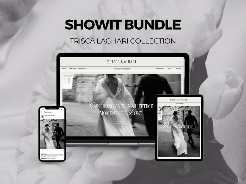 K&ouml;nnte beinhalten: Ein Schwarzwei&szlig;bild, das ein Website-Design-Paket f&uuml;r Hochzeitsfotografen zeigt. Das Paket beinhaltet eine Website-Vorlage, eine mobile App und eine Tablet-App. Der Text "Showit Bundle" und "Trisca Laghari Collection" wird oben im Bild angezeigt.