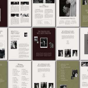 May include: A collection of wedding photography guides with text and images. The pages feature titles like "Engagement Session," "Tips & Tricks," and "Album Design Process." The color scheme is primarily black, white, and olive green.