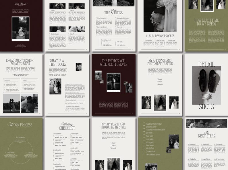 May include: A collection of wedding photography guides with text and images. The pages feature titles like "Engagement Session," "Tips & Tricks," and "Album Design Process." The color scheme is primarily black, white, and olive green.