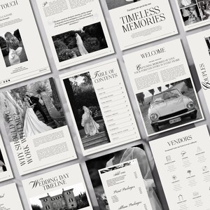 K&ouml;nnte beinhalten: Eine schwarz-wei&szlig;e Hochzeitsfotografie-Brosch&uuml;re mit dem Titel "Zeitlose Erinnerungen" und einem Inhaltsverzeichnis. Die Brosch&uuml;re zeigt Bilder von Paaren in verschiedenen Posen, darunter ein Paar in einem Oldtimer.