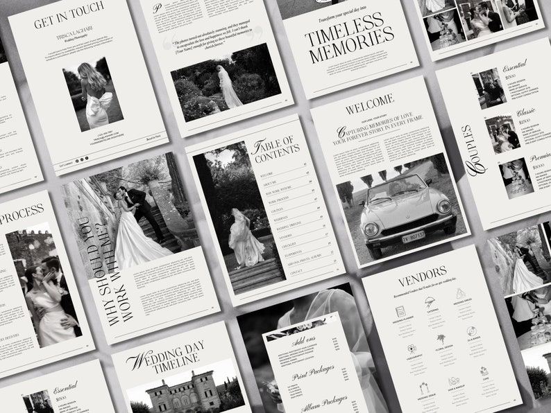 K&ouml;nnte beinhalten: Eine schwarz-wei&szlig;e Hochzeitsfotografie-Brosch&uuml;re mit dem Titel "Zeitlose Erinnerungen" und einem Inhaltsverzeichnis. Die Brosch&uuml;re zeigt Bilder von Paaren in verschiedenen Posen, darunter ein Paar in einem Oldtimer.