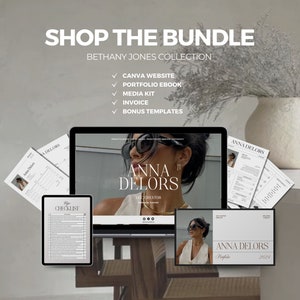 May include: A digital marketing bundle for entrepreneurs, featuring a laptop, tablet, and printed documents. The bundle includes Canva website templates, a portfolio ebook, media kit, invoice, and bonus templates. The text "SHOP THE BUNDLE" and "BETHANY JONES COLLECTION" is displayed at the top of the image.