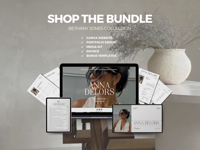 May include: A digital marketing bundle for entrepreneurs, featuring a laptop, tablet, and printed documents. The bundle includes Canva website templates, a portfolio ebook, media kit, invoice, and bonus templates. The text "SHOP THE BUNDLE" and "BETHANY JONES COLLECTION" is displayed at the top of the image.