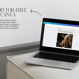 May include: A laptop computer showing a Canva design template for a baby shower announcement. The design includes a photo of a pregnant woman and the text "The Newborn Times". The text "Edit for free in Canva" is displayed above the laptop.