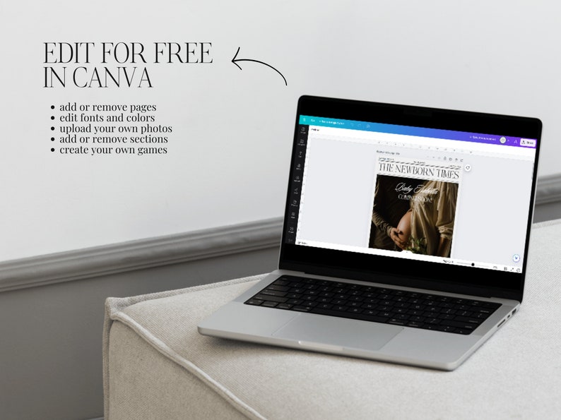 May include: A laptop computer showing a Canva design template for a baby shower announcement. The design includes a photo of a pregnant woman and the text "The Newborn Times". The text "Edit for free in Canva" is displayed above the laptop.