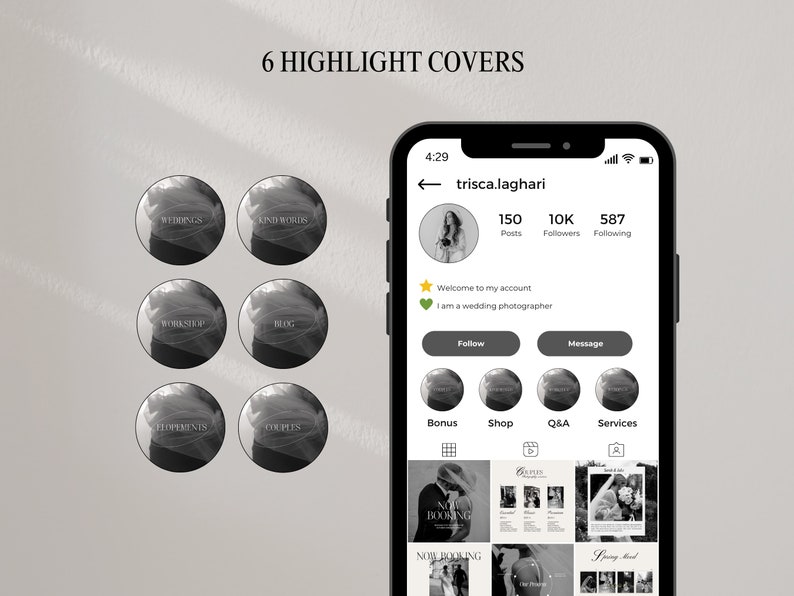 Instagram Social Media Bundle, Wedding Photographer and Small Business, Black White Photography Elegant Templates, Aesthetic Posts & Stories image 6