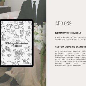 May include: A digital tablet displays hand-drawn wedding illustrations, including icons of wine bottles, hearts, and flowers. Text on the tablet reads "Hand drawn Wedding Illustrations OVER 100 ICONS". The image also includes text about illustration bundles and custom wedding stationery.