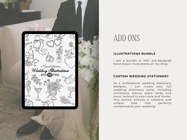 May include: A digital tablet displays hand-drawn wedding illustrations, including icons of wine bottles, hearts, and flowers. Text on the tablet reads "Hand drawn Wedding Illustrations OVER 100 ICONS". The image also includes text about illustration bundles and custom wedding stationery.