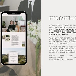 May include: A smartphone displays a wedding website template with photos and text. The screen shows a couple and the words "Beth & Eric." Text on the right side reads "READ CAREFULLY" and provides website design tips.